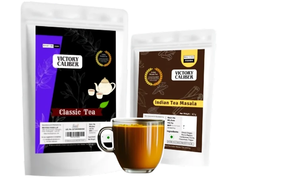 Victory Caliber Classic Tea and Indian Tea Masala with a glass cup.